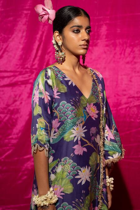 Chrkha Purple Silk, Cotton, Pearls, Botanical Print Kurta Set at Aza Fashions Chrkha_Purple Silk, Cotton, Pearls, Botanical Print Kurta Set _at_Aza_Fashions