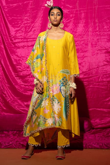 Chrkha Floral Placement Print A-Line Kurta Set 