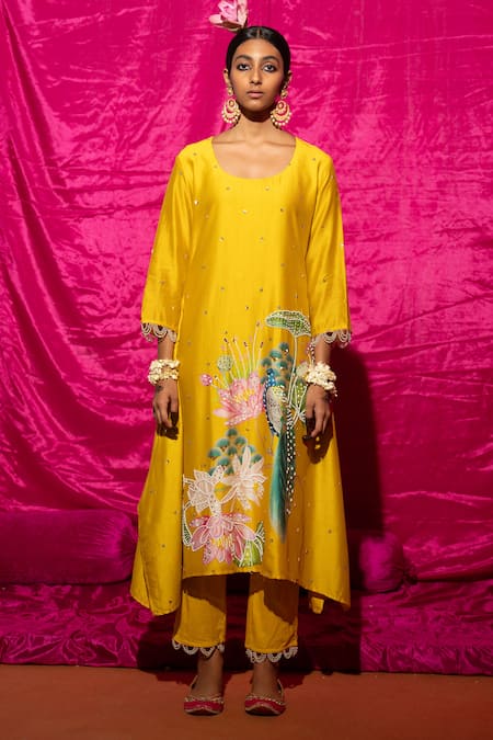 Chrkha_Yellow Cotton, Chanderi Silk Pearls, Floral Placement Print A-line Kurta Set _Online_at_Aza_Fashions