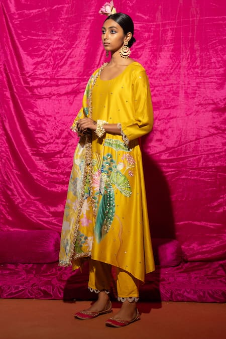 Shop_Chrkha_Yellow Cotton, Chanderi Silk Pearls, Floral Placement Print A-line Kurta Set _Online_at_Aza_Fashions