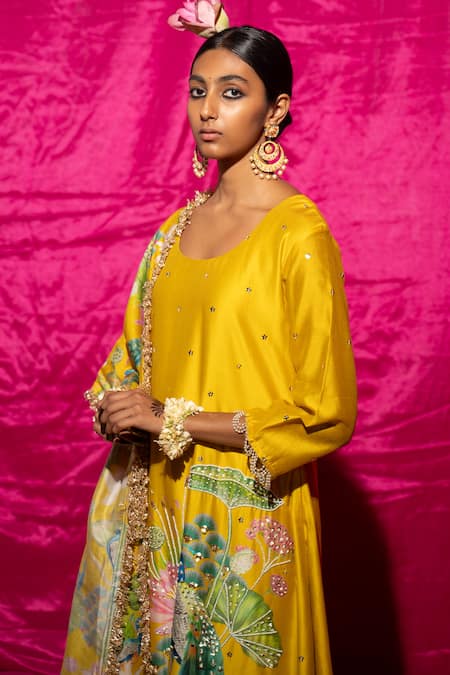 Chrkha_Yellow Cotton, Chanderi Silk Pearls, Floral Placement Print A-line Kurta Set _at_Aza_Fashions