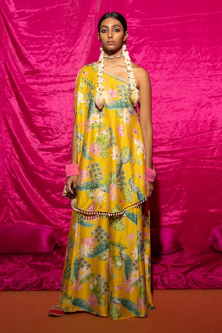 Chrkha Chanderi Silk Peacock Print Kaftan & Flared Pant Set 