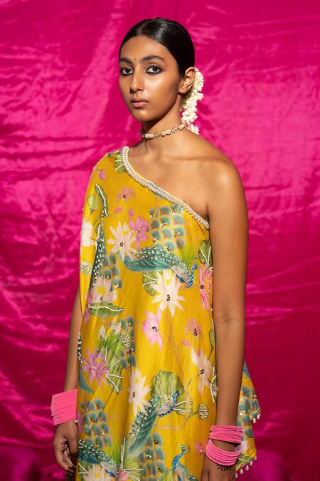 Shop_Chrkha_Yellow Chanderi Silk Pearls, Sequins Peacock Print Kaftan And Flared Pant Set _Online_at_Aza_Fashions