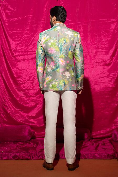 Shop_Chrkha_Grey Chanderi Silk, Cotton Satin Sequins, Pearls Floral Print Bandhgala Set _at_Aza_Fashions
