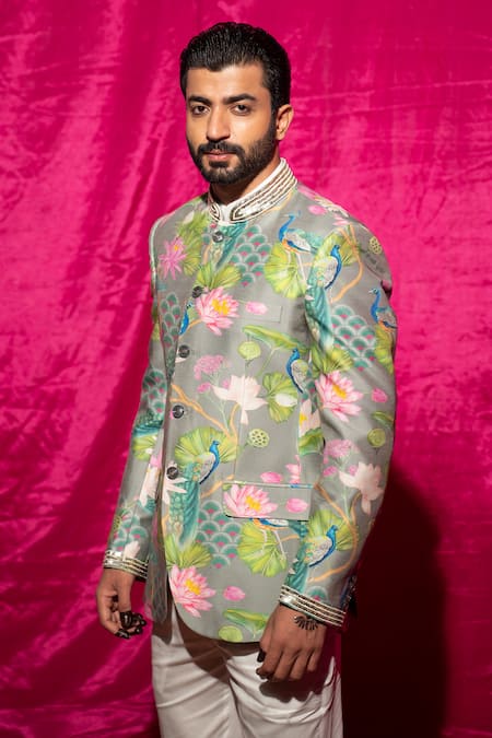 Shop_Chrkha_Grey Chanderi Silk, Cotton Satin Sequins, Pearls Floral Print Bandhgala Set _Online_at_Aza_Fashions