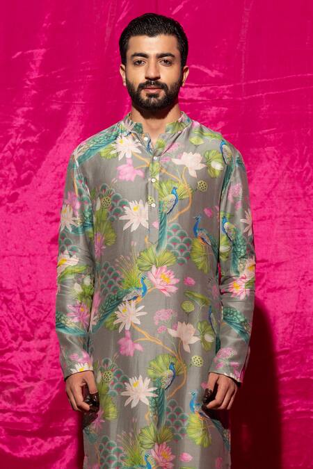 Chrkha Grey Cotton Satin, Chanderi Silk Embroidery Floral Print Kurta And Pant Set Online at Aza Fashions Chrkha_Grey Cotton Satin, Chanderi Silk Embroidery Floral Print Kurta And Pant Set _Online_at_Aza_Fashions