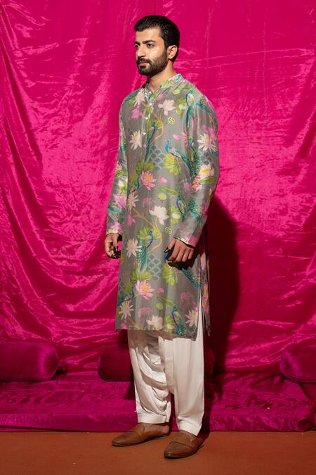 Buy Chrkha Grey Cotton Satin, Chanderi Silk Embroidery Floral Print Kurta And Pant Set Online at Aza Fashions Buy_Chrkha_Grey Cotton Satin, Chanderi Silk Embroidery Floral Print Kurta And Pant Set _Online_at_Aza_Fashions