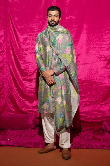 Shop Chrkha Grey Cotton Satin, Chanderi Silk Embroidery Floral Print Kurta And Pant Set Online at Aza Fashions Shop_Chrkha_Grey Cotton Satin, Chanderi Silk Embroidery Floral Print Kurta And Pant Set _Online_at_Aza_Fashions