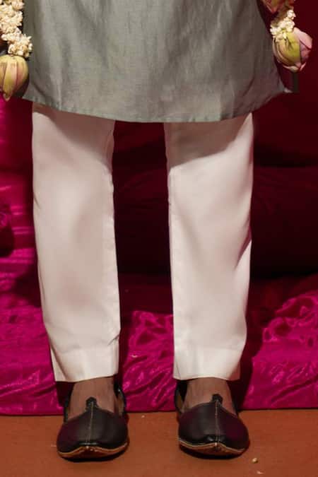 Chrkha_Gray Satin, Chanderi Silk, Floral Printed Nehru Jacket Set _Online_at_Aza_Fashions