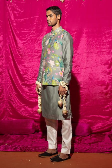 Buy_Chrkha_Gray Satin, Chanderi Silk, Floral Printed Nehru Jacket Set _Online_at_Aza_Fashions