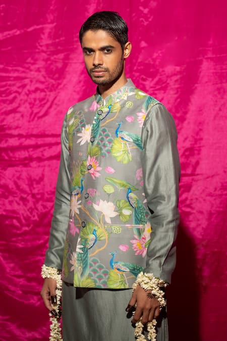 Shop_Chrkha_Gray Satin, Chanderi Silk, Floral Printed Nehru Jacket Set _Online_at_Aza_Fashions