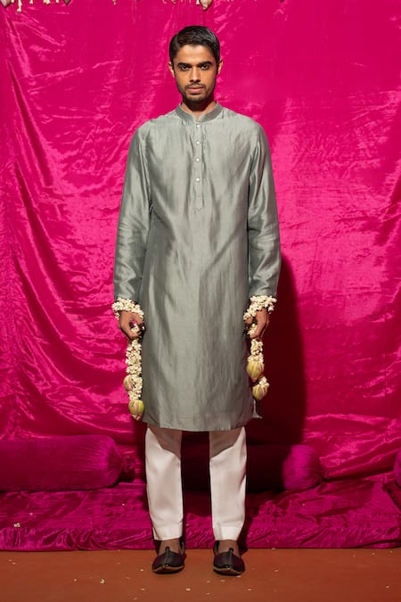 Chrkha_Gray Satin, Chanderi Silk, Floral Printed Nehru Jacket Set _at_Aza_Fashions