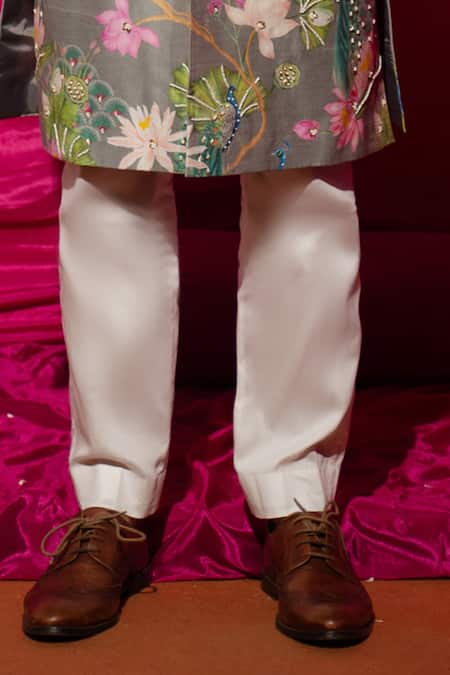 Chrkha_Gray Chanderi Silk Printed Floral Sherwani And Pant Set For Kids_Online_at_Aza_Fashions