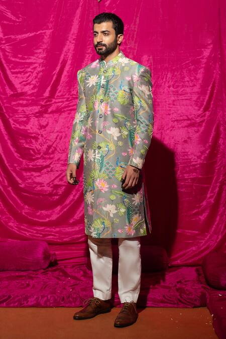 Buy_Chrkha_Gray Chanderi Silk Printed Floral Sherwani And Pant Set For Kids_Online_at_Aza_Fashions