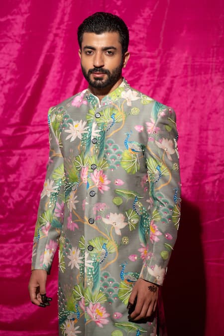 Shop_Chrkha_Gray Chanderi Silk Printed Floral Sherwani And Pant Set For Kids_Online_at_Aza_Fashions
