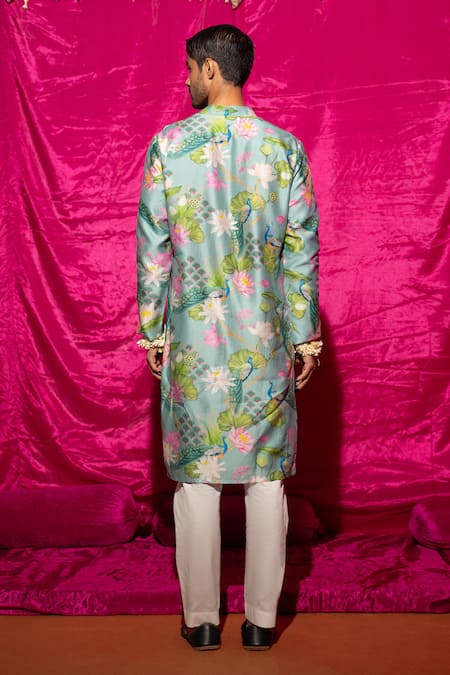 Shop_Chrkha_Blue Chanderi Silk, Cotton Satin Embroidery Floral Pattern Kurta And Pant Set _at_Aza_Fashions