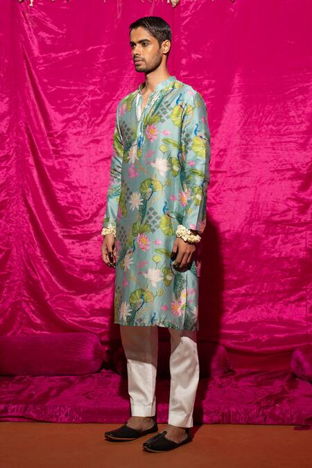 Chrkha_Blue Chanderi Silk, Cotton Satin Embroidery Floral Pattern Kurta And Pant Set _Online_at_Aza_Fashions