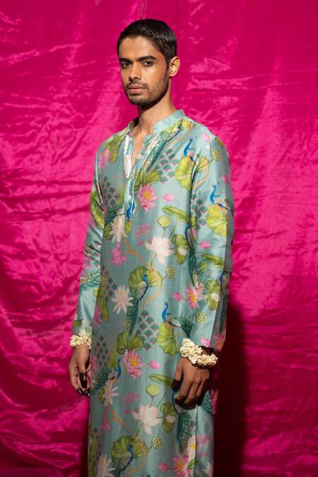 Buy_Chrkha_Blue Chanderi Silk, Cotton Satin Embroidery Floral Pattern Kurta And Pant Set _Online_at_Aza_Fashions