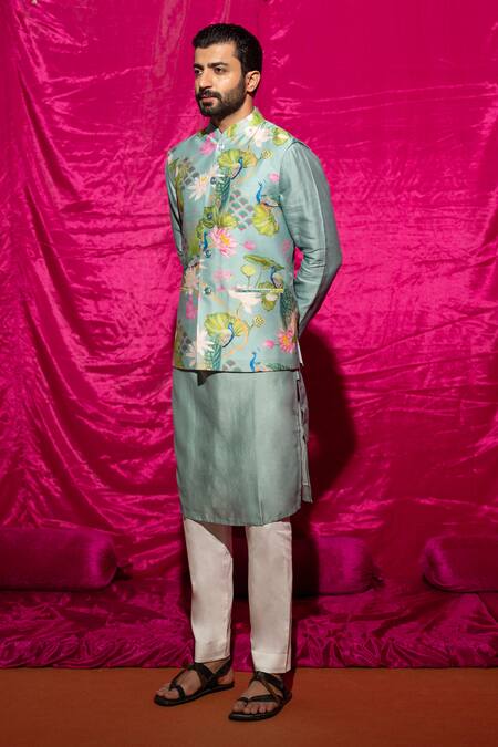 Chrkha_Blue Cotton Satin, Chanderi Silk Floral Printed Nehru Jacket And Kurta Set _Online_at_Aza_Fashions