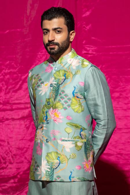 Buy_Chrkha_Blue Cotton Satin, Chanderi Silk Floral Printed Nehru Jacket And Kurta Set _Online_at_Aza_Fashions