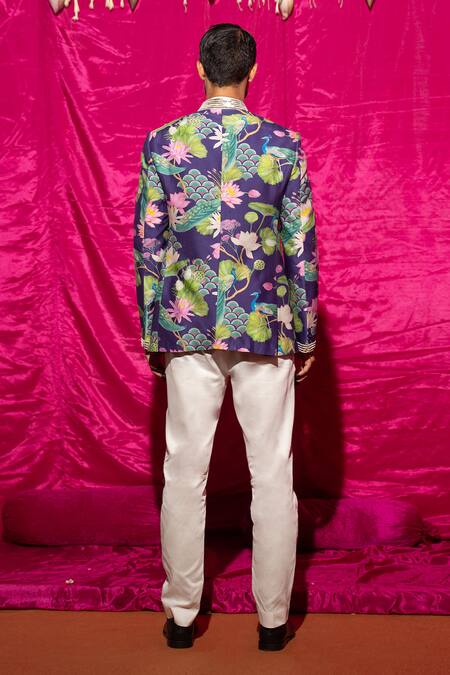 Shop_Chrkha_Purple Chanderi Silk, Satin, Sequins, Floral Pattern Bandhgala Set _at_Aza_Fashions