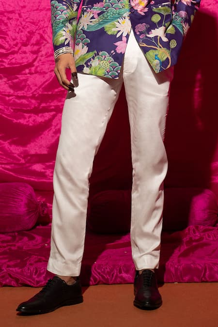 Chrkha_Purple Chanderi Silk, Satin, Sequins, Floral Pattern Bandhgala Set _Online_at_Aza_Fashions
