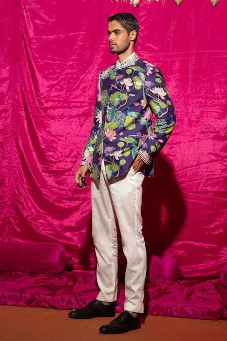Buy_Chrkha_Purple Chanderi Silk, Satin, Sequins, Floral Pattern Bandhgala Set _Online_at_Aza_Fashions