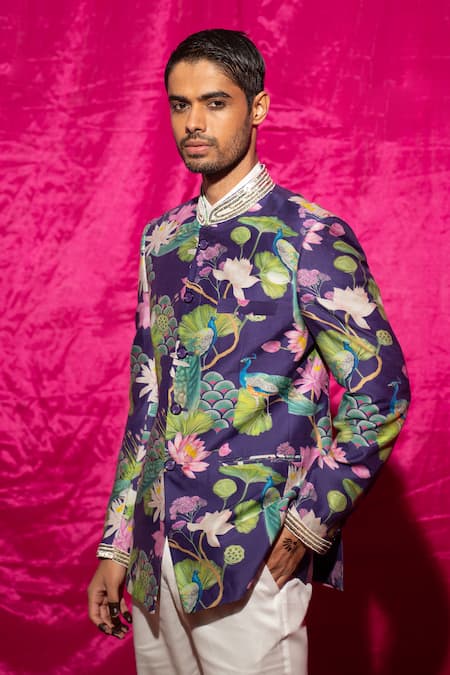 Shop_Chrkha_Purple Chanderi Silk, Satin, Sequins, Floral Pattern Bandhgala Set _Online_at_Aza_Fashions