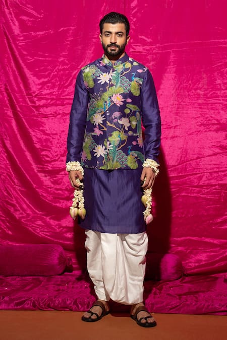 Chrkha Purple Chanderi Silk Printed Floral Pattern Nehru Jacket With Kurta Set 