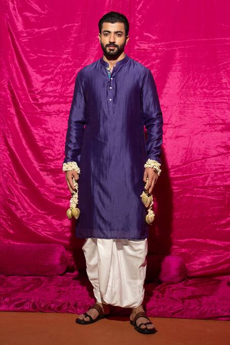 Chrkha_Purple Cotton Satin, Chanderi Silk, Floral Printed Nehru Jacket And Kurta Set _Online_at_Aza_Fashions