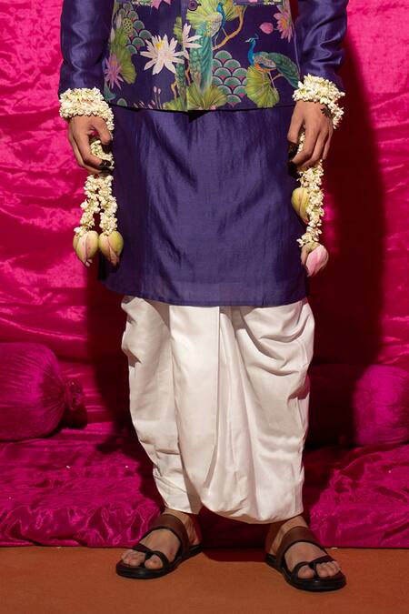 Buy_Chrkha_Purple Cotton Satin, Chanderi Silk, Floral Printed Nehru Jacket And Kurta Set _Online_at_Aza_Fashions