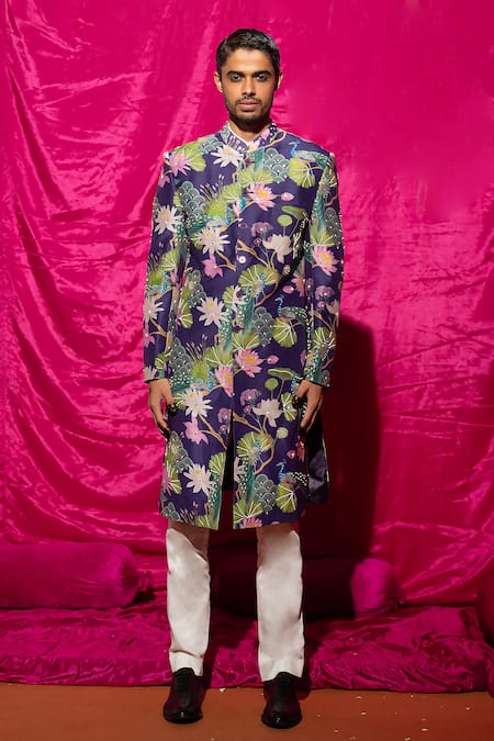 Chrkha Floral Pattern Sherwani & Pant Set 