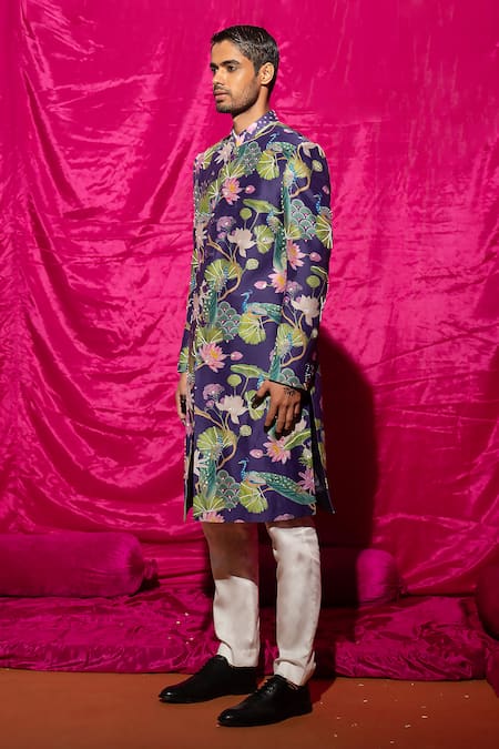 Buy_Chrkha_Purple Chanderi Silk Printed Floral Pattern Sherwani And Pant Set _Online_at_Aza_Fashions