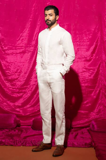 Chrkha_Yellow Chanderi Silk, Cotton Satin Sequins, Pearls Printed Bandhagala Pant Set _Online_at_Aza_Fashions