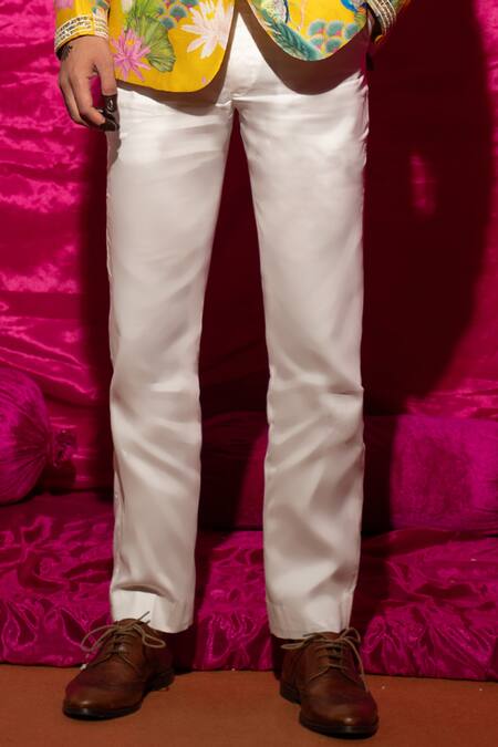 Buy_Chrkha_Yellow Chanderi Silk, Cotton Satin Sequins, Pearls Printed Bandhagala Pant Set _Online_at_Aza_Fashions