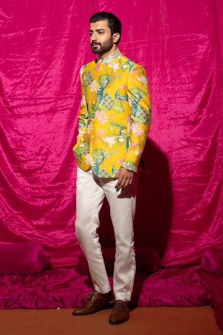 Shop_Chrkha_Yellow Chanderi Silk, Cotton Satin Sequins, Pearls Printed Bandhagala Pant Set _Online_at_Aza_Fashions