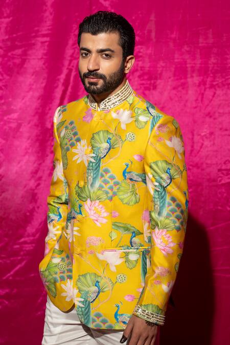 Chrkha_Yellow Chanderi Silk, Cotton Satin Sequins, Pearls Printed Bandhagala Pant Set _at_Aza_Fashions