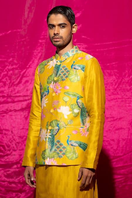 Shop_Chrkha_Yellow Chanderi Silk, Cotton Satin Floral Print Kurta Set With Nehru Jacket _Online_at_Aza_Fashions