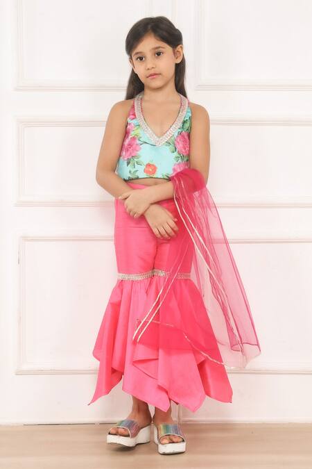 Shop Pinkcow designs pvt ltd Pink Net, Silk Lace Bloom Print Halter Neck Top Sharara Set Online at Aza Fashions Shop_Pinkcow designs pvt ltd_Pink Net, Silk Lace Bloom Print Halter Neck Top Sharara Set _Online_at_Aza_Fashions