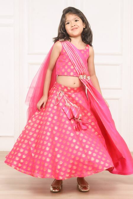 Buy_Pinkcow designs pvt ltd_Pink Brocade, Taffeta, Net Pearls, Embroidery, Booti Print Lehenga Blouse Set _Online_at_Aza_Fashions