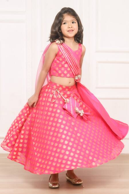 Shop_Pinkcow designs pvt ltd_Pink Brocade, Taffeta, Net Pearls, Embroidery, Booti Print Lehenga Blouse Set _Online_at_Aza_Fashions