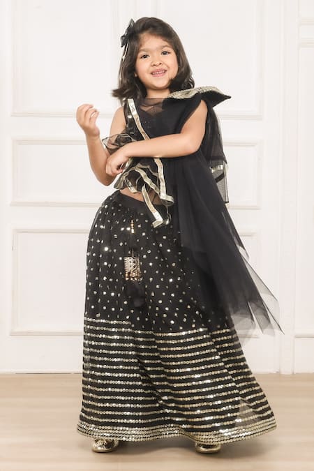 Shop_Pinkcow designs pvt ltd_Black Net, Taffeta Sequins, Lace Embellished Lehenga Blouse Set_Online_at_Aza_Fashions