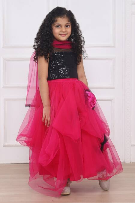 Buy_Pinkcow designs pvt ltd_Black Tulle, Satin Sequins, Fabric Roseate Embellished Lehenga Blouse Set _Online_at_Aza_Fashions