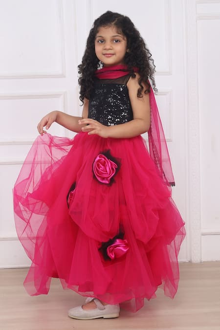 Shop_Pinkcow designs pvt ltd_Black Tulle, Satin Sequins, Fabric Roseate Embellished Lehenga Blouse Set _Online_at_Aza_Fashions