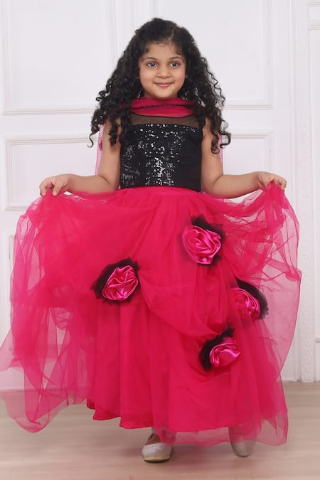 Pinkcow designs pvt ltd_Black Tulle, Satin Sequins, Fabric Roseate Embellished Lehenga Blouse Set _at_Aza_Fashions