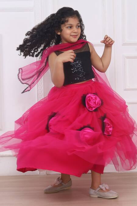 Buy_Pinkcow designs pvt ltd_Black Tulle, Satin Sequins, Fabric Roseate Embellished Lehenga Blouse Set 