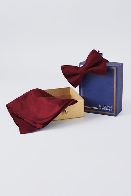 BUBBER COUTURE Maroon Plain Brick Silk Bow Tie And Pocket Square Set 