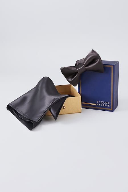 BUBBER COUTURE Ebony Satin Bow Tie & Pocket Square Set 