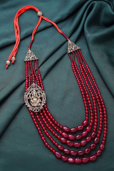 Shop_Cosa Nostraa_Red Five Layered Lord Ganesha Mala _at_Aza_Fashions