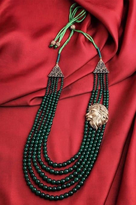 Shop_Cosa Nostraa_Green Layered Lion Pendant Mala _at_Aza_Fashions